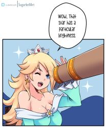 Rule 34 | 1girl, blonde hair, blue dress, blue eyes, breasts, brooch, chair, cleavage, collarbone, crown, dress, earrings, hair over one eye, hill, jewelry, large breasts, long hair, long sleeves, looking through scope, mario (series), night, night sky, nintendo, off-shoulder dress, off shoulder, one eye closed, open mouth, princess, rosalina, sitting, sky, smile, speech bubble, star (sky), star (symbol), star brooch, star earrings, starry sky, sugarbell, super mario galaxy, teeth, telescope, upper body