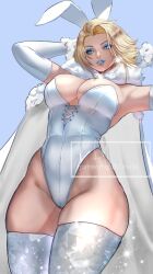 1girl animal_ears arialla_draws blonde_hair blue_eyes blue_lips breasts cape cleavage earrings elbow_gloves emma_frost gloves highres jewelry large_breasts leotard lipstick looking_at_viewer makeup marvel marvel_rivals nontraditional_playboy_bunny playboy_bunny rabbit_ears short_hair solo thick_thighs thighhighs thighs white_cape white_gloves white_leotard white_thighhighs x-men