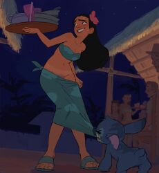 1other 2boys 3girls absurdres amugea black_hair blue_skin blush breasts colored_skin dark-skinned_female dark_skin flower hair_flower hair_ornament hawaiian_clothes highres lilo_&amp;_stitch long_hair long_skirt medium_breasts multiple_boys multiple_girls nani_pelekai pubic_hair skirt stitch_(lilo_&amp;_stitch)