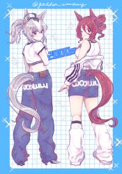 2girls ahoge animal_ears blue_eyes blue_pants blue_shorts boots bow braid brown_hair clothes_writing clothing_cutout cocolulu cropped_shirt denim denim_shorts drill_hair drill_sidelocks ear_bow ear_ornament grey_boots grey_hair hair_ornament high_heel_boots high_heels highres horse_ears horse_girl horse_tail jacket jeans jewelry long_hair loose_socks medium_hair midriff multiple_girls necklace norn_ace_(umamusume) obaa-chan_(golden_retriever) off_shoulder oguri_cap_(umamusume) one_eye_closed open_clothes open_jacket pants ponytail shirt shoes short_shorts short_sleeves shorts side_drill sidelocks sleeveless sleeveless_shirt socks sparkle star_(symbol) star_hair_ornament t-shirt tail tail_through_clothes twitter_username umamusume umamusume:_cinderella_gray white_jacket white_shirt white_shoes white_socks