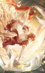 Rule 34 | 1other, androgynous, animal, artist request, barefoot, bird, cape, cape hold, cloud, cockatrice, embers, fairy, fairy wings, feather hair ornament, feathers, fire, flying, full body, game cg, gold armlet, gradient sky, green sky, hair ornament, happy, hephaes (shining nikki), highres, juliet sleeves, light particles, long sleeves, nikki (series), ocean, official art, orange eyes, orange wings, other focus, outdoors, parted bangs, parted lips, pillar, puffy sleeves, pyrokinesis, red cape, red hair, robe, see-through clothes, see-through sleeves, shining nikki, short hair, side cape, sky, smile, solo, sunset, waves, white robe, wide sleeves, wings, yellow sky