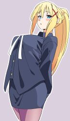 1girl absurdres blonde_hair blue_eyes blue_shirt blue_skirt blush breasts business_suit darkness_(konosuba) formal_clothes grey_background highres kono_subarashii_sekai_ni_shukufuku_wo! large_breasts looking_at_viewer noyama_takenoko office office_lady pantyhose pencil_skirt ponytail shirt simple_background skirt skirt_suit solo suit