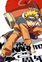 1boy black_boots blonde_hair blue_eyes boots calligraphy_brush copyright_name facial_mark forehead_protector highres ink jacket konohagakure_symbol looking_at_viewer male_focus naruto_(classic) naruto_(series) oil-paper_umbrella orange_jacket orange_pants paintbrush pants pnpk_1013 scroll short_hair simple_background solo spiked_hair squatting tongue tongue_out umbrella uzumaki_naruto whisker_markings white_background