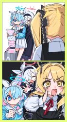 3girls absurdres arona_(blue_archive) black_coat black_dress black_hairband black_pantyhose black_sailor_collar black_shirt blonde_hair blue_archive blue_eyes blue_hair blue_shirt blush bow braid clenched_teeth closed_eyes closed_mouth coat colored_inner_hair demon_girl demon_horns dress grey_hair hair_over_one_eye hair_ribbon hairband highres holding holding_paper horns hug hug_from_behind ibuki_(blue_archive) je_o_mo long_hair medium_hair multicolored_hair multiple_girls neckerchief open_mouth pantyhose paper plana_(blue_archive) pointy_ears red_ribbon ribbon sailor_collar shaded_face shirt shouting side_ponytail sidelocks single_braid skirt sweatdrop teeth two-tone_hair white_bow white_hairband white_neckerchief white_ribbon white_sailor_collar white_shirt white_skirt yellow_background