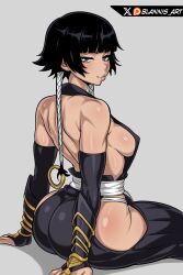 1girl absurdres arm_support artist_name ass back backless_bodysuit backless_outfit bare_hips bare_shoulders black_bodysuit black_eyes black_gloves black_hair blannis bleach blush bodysuit breasts closed_mouth covered_erect_nipples elbow_gloves feet_out_of_frame female_focus fingerless_gloves from_behind from_side fundoshi gauntlets gloves grey_background half-closed_eyes highres hip_vent huge_ass japanese_clothes lips looking_at_viewer looking_back matching_hair/eyes naughty_face short_hair_with_long_locks sideboob simple_background sitting solo sui-feng toned toned_female wide_hips