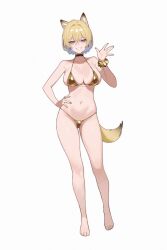 Rule 34 | 1girl, absurdres, animal ears, bare legs, barefoot, bikini, black choker, blonde hair, blue eyes, breasts, choker, cleavage, double-parted bangs, gold bikini, grin, groin, hair between eyes, hand on own hip, hand up, highres, large breasts, mole, mole under eye, navel, original, scrunchie, shirt, short hair, simple background, skindentation, smile, solo, standing, starcat, stomach, swimsuit, tail, toes, white background, white shirt, wrist scrunchie