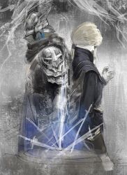 Rule 34 | 1boy, 1girl, armor, ascot, blindfold, blonde hair, brother and sister, duchess (elden ring), elden ring, elden ring nightreign, gloves, guardian (elden ring), helmet, highres, kabyyi, long hair, ponytail, siblings, weapon, white ascot, white gloves, winged helmet