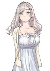 1girl breasts cardigan ceras_yanagida_lilienfeld ceras_yanagida_lilienfeld_(summer_loungewear) cleavage closed_mouth collarbone commentary cowboy_shot grey_hair hair_ribbon large_breasts light_blush link!_like!_love_live! long_hair looking_at_viewer love_live! nightgown official_alternate_costume open_cardigan open_clothes pink_ribbon pondo_(peng-model) ribbon simple_background sleeveless smile solo virtual_youtuber white_background white_cardigan white_nightgown