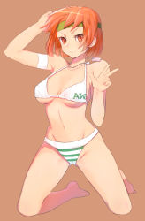 1girl advance_wars advance_wars:_dual_strike armband barefoot bikini breasts brown_background clothes_writing covered_erect_nipples dog_tags female_focus groin headband jewelry kneeling looking_at_viewer matching_hair/eyes naso4 navel necklace nintendo orange_eyes orange_hair sami_(advance_wars) short_hair solo striped_bikini striped_clothes swimsuit underboob