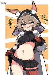 Rule 34 | +++, 1girl, absurdres, animal ear fluff, animal ears, arknights, artist name, black skirt, black sweater, blush, breasts, brown hair, caper (arknights), clothes lift, coat, gloves, grin, hendra, highres, lifting own clothes, looking at viewer, microskirt, navel, orange background, parted lips, pleated skirt, rabbit ears, red eyes, red gloves, short hair, simple background, skirt, skirt lift, small breasts, smile, solo, sweater, sweater lift, teeth, white coat