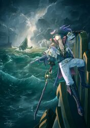 1boy absurdres black_boots blue_hair blue_shirt boots brant_(wuthering_waves) chucky_(chucky1000sun) closed_mouth cloud cloudy_sky collarbone commentary_request cutlass hat hat_feather highres holding holding_sword holding_weapon looking_ahead male_focus ocean open_clothes open_shirt outdoors pants purple_eyes shirt short_hair signature sky solo storm sword tacet_discord_(wuthering_waves) tacet_mark_(wuthering_waves) tricorne waves weapon white_pants wuthering_waves