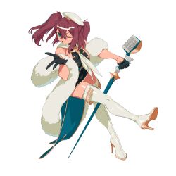 132_(353488448) 1girl absurdres akoya_matama beret black_dress black_gloves blue_eyes boots breasts brown_hair dress full_body fur_shawl gloves hair_between_eyes half_gloves hat high_heels highres holding holding_microphone loco_musica looking_at_viewer mahou_shoujo_ni_akogarete medium_breasts medium_hair microphone one_eye_closed open_mouth shawl short_twintails simple_background smile solo standing standing_on_one_leg stiletto_heels thigh_boots twintails white_background white_boots white_hat