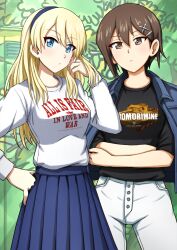 2girls alternate_costume alternate_hairstyle anime_coloring black_shirt blonde_hair blue_eyes blue_hairband blue_jacket blue_skirt breasts brown_eyes brown_hair buttons casual closed_mouth commentary crossed_arms darjeeling_(girls_und_panzer) denim denim_jacket forest frown girls_und_panzer grey_jacket hair_down hair_ornament hairband hairpin hand_on_own_head hand_on_own_hip highres jacket jacket_on_shoulders long_hair long_skirt long_sleeves looking_at_viewer military_vehicle motor_vehicle multiple_girls nature nishizumi_maho official_alternate_hairstyle omachi_(slabco) pants pleated_skirt print_shirt print_sweater shirt short_hair side-by-side skirt standing sweater tank tiger_i white_pants white_shirt white_sweater