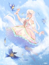 1girl animal bare_shoulders barefoot_sandals_(jewelry) beads bird blue_eyes blue_sky bracelet bright_pupils chain choker cloud collarbone cross-laced_clothes cross-laced_dress day detached_sleeves dress eurasian_blue_tit eyelashes floating floating_hair flower flower_choker frilled_dress frilled_sleeves frills full_body gold_bracelet gold_chain hair_beads hair_between_eyes hair_ornament hand_up happy highres jewelry light_blush light_particles long_hair looking_at_animal medium_dress open_mouth original outdoors petticoat pink_dress pink_flower pink_ribbon puffy_short_sleeves puffy_sleeves ribbon short_sleeves sidelocks signature sky smile solo sparkle star_(symbol) star_hair_ornament strapless strapless_dress teeth toes upper_teeth_only very_long_hair wavy_hair white_hair white_pupils white_sleeves white_wrist_cuffs wikate wrist_cuffs