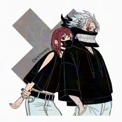 1boy 1girl alternate_costume ayase_momo belt belt_buckle black_choker black_nails black_shirt blue_pants brown_eyes brown_hair buckle choker collarbone commentary cowboy_shot cross cross_earrings dandadan denim earrings facial_mark glasses hand_in_pocket head_on_another&#039;s_shoulder jeans jewelry k_ysd001 leaning_forward leaning_on_person looking_at_viewer mask matching_outfits mouth_mask nail_polish pants red_eyes round_eyewear shirt symbol-only_commentary takakura_ken_(dandadan) takakura_ken_(transformed)_(dandadan) transformation white_hair