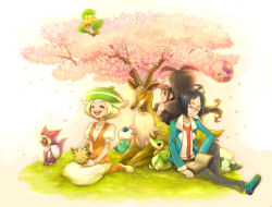 10s 1boy 2girls alternate_hairstyle animal animal_on_lap back-to-back bare_shoulders baseball_cap beret bianca_(pokemon) black_hair black_jacket black_pants blonde_hair blue_footwear blue_jacket blush book bracelet brown_hair cheren_(pokemon) cherry_blossoms closed_eyes cottonee creatures_(company) day denim dress game_freak gen_5_pokemon glasses grass green_footwear green_hat happy hat hilda_(pokemon) jacket jeans jewelry lillipup long_hair looking_back multiple_girls munna nintendo on_lap open_clothes open_jacket oshawott outdoors pants pantyhose pink_theme pokemon pokemon_(creature) pokemon_bw purrloin sasairebun sawsbuck sawsbuck_(spring) sewaddle shirt shoes short_hair sitting sleeping snivy spring_(season) tree under_tree wariza white_dress white_hat white_headwear white_shirt wind wristband yawning