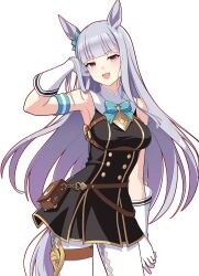 1girl absurdres alternate_color aqua_armband aqua_bow aqua_bowtie argyle_clothes argyle_pantyhose arm_at_side armband bails belt_pouch black_dress blunt_bangs bow bowtie breasts chest_belt commentary cowboy_shot dress ear_bow gloves gold_ship_(umamusume) grey_hair highres horse_girl long_hair looking_at_viewer no_headwear o-ring_strap panties pouch purple_eyes sideboob sidelocks simple_background sleeveless sleeveless_dress solo thigh_strap umamusume underbust underwear very_long_hair white_gloves white_panties
