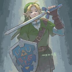 1boy 2024 belt blonde_hair blue_background blue_eyes cowboy_shot dated hat holding holding_shield holding_sword holding_weapon hylian_shield link looking_at_viewer master_sword nintendo salinger_i shield solo sword the_legend_of_zelda the_legend_of_zelda:_ocarina_of_time tunic weapon
