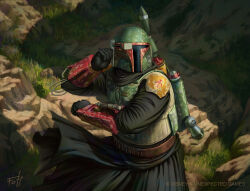 1boy armor boba_fett english_text gloves grass helmet highres mandalorian mandalorian_armor mandalorian_helmet pauldrons shoulder_armor signature solo star_wars tony_foti