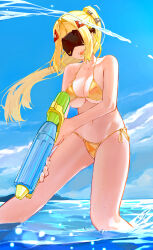 1girl :d absurdres beach bikini blonde_hair blue_sky breasts cleavage cloud commentary eye_mask hair_intakes hakumai130 high_ponytail highres in_water large_breasts long_hair navel ocean open_mouth ponytail side-tie_bikini_bottom sky smile solo swimsuit trigger_(zenless_zone_zero) water_gun yellow_bikini zenless_zone_zero