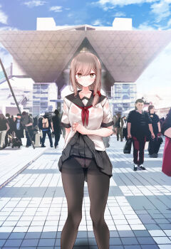 Rule 34 | 1girl, black pantyhose, black sailor collar, black skirt, blue sky, blush, breasts, brown eyes, brown hair, checkered clothes, checkered panties, clothes lift, cloud, collarbone, crowd, day, flashing, gusset, hair ornament, hair scrunchie, highres, lifting own clothes, light frown, long hair, looking at viewer, medium breasts, multiple others, neckerchief, oouso, orange scrunchie, original, outdoors, panties, panties under pantyhose, pantyhose, pink panties, pleated skirt, red neckerchief, revision, sailor collar, scrunchie, shirt, short sleeves, sidelocks, skirt, skirt lift, sky, solo focus, standing, sweat, sweaty clothes, thighband pantyhose, tokyo big sight, underwear, wet, wet clothes, wet shirt, white shirt