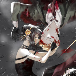 1boy 1girl awarinko bare_shoulders black_dress black_gloves black_hair black_necktie blonde_hair blood blood_on_clothes blood_on_face brown_hairband closed_eyes collared_shirt dress flower gloves green_jacket hair_flower hair_ornament hairband highres jacket lying necktie on_back on_side parted_lips rain rose shirt spy_x_family tears torn_clothes torn_jacket torn_necktie torn_shirt twilight_(spy_x_family) white_shirt yellow_flower yellow_rose yor_briar