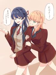 2girls :d ;d adapted_uniform aqua_eyes arm_hug blazer blue_eyes blue_hair blue_ribbon breasts brown_background brown_cardigan brown_jacket brown_necktie brown_skirt cardigan collared_shirt commentary cowboy_shot dress_shirt freshfish grin hair_ornament hair_ribbon half_updo hinoshita_kaho jacket link!_like!_love_live! long_sleeves love_live! medium_breasts miniskirt multiple_girls murano_sayaka necktie one_eye_closed open_clothes open_hand open_jacket open_mouth orange_hair pleated_skirt rabbit_hair_ornament red_ribbon ribbon shirt simple_background skirt smile speech_bubble translation_request two_side_up virtual_youtuber waving white_background white_shirt winter_uniform