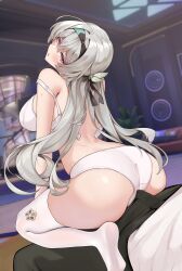 1boy 1girl ass black_hairband black_pants blush bra breasts bulge bulge_to_ass cowgirl_position facing_up firefly_(honkai:_star_rail) grey_hair hairband hetero highres honkai:_star_rail honkai_(series) indoors large_breasts long_hair matrix16 no_shoes out_of_frame panties pants parted_lips purple_eyes sitting sitting_on_lap sitting_on_person straddling thighhighs underwear white_bra white_panties white_thighhighs