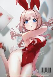 1girl absurdres animal_ear_hairband animal_ears barcode bare_legs blue_eyes breasts brown_hair card commentary_request fake_animal_ears gakuen_idolmaster hairband highres himesaki_rinami idolmaster large_breasts leotard long_hair looking_at_viewer momoqross playboy_bunny playing_card rabbit_ears rabbit_tail red_leotard solo strapless strapless_leotard tail thigh_gap wrist_cuffs