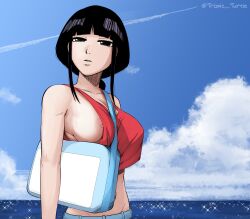 1girl bag bare_shoulders black_hair bleach braid braided_ponytail breasts cloud collarbone female_focus handbag kurotsuchi_nemu large_breasts long_hair navel nipple_slip nipples no_bra ocean sideboob sky tank_top tropic_turtle water