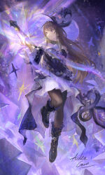 1girl absurdres bare_shoulders black_boots black_choker black_dress black_hat black_pantyhose boots brown_hair choker closed_mouth commentary dress english_commentary expressionless flower frilled_sleeves frills full_body glowing hand_up hat hat_flower herta_(honkai:_star_rail) high-low_dress highres holding holding_staff honkai:_star_rail honkai_(series) long_hair magic nail_polish pantyhose purple_eyes purple_flower purple_nails purple_theme signature sishenfan solo staff the_herta_(honkai:_star_rail) holding_weapon_behind_back witch_hat