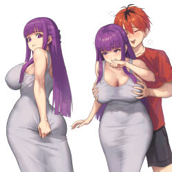 1boy 1girl absurdres ass black_hair black_shorts blunt_bangs blush breasts cleavage clenched_hand closed_eyes collarbone covered_erect_nipples covered_navel curvy dongtan_dress dress embarrassed eyebrows_hidden_by_hair eyes_visible_through_hair fern_(sousou_no_frieren) grabbing_another&#039;s_breast grey_dress groping half_updo highres ksksksa large_breasts long_hair looking_back looking_to_the_side multicolored_hair open_mouth orange_hair purple_eyes purple_hair red_shirt shirt shorts smile sousou_no_frieren standing stark_(sousou_no_frieren) streaked_hair sweat teeth thighs tight_clothes tight_dress tongue very_long_hair white_background