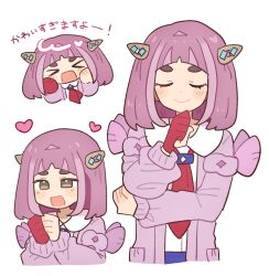 &gt;_&lt; 1girl :d arched_bangs brown_eyes cardigan closed_eyes closed_mouth elbow_on_arm facing_viewer gloves hair_ornament hairclip han0579 heart highres lacey_(pokemon) long_sleeves multiple_views necktie nintendo open_cardigan open_clothes open_mouth partially_fingerless_gloves pink_cardigan pink_hair pokemon pokemon_sv red_gloves red_necktie short_hair single_glove smile translation_request white_background