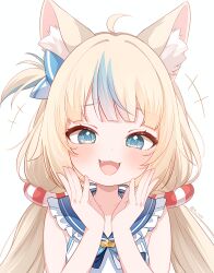 1girl :3 :d ahoge animal_ear_fluff animal_ears bare_arms blonde_hair blue_eyes blue_hair blue_sailor_collar blush cat_ears collar commentary fangs frills hands_up highres indie_virtual_youtuber laughing lifebuoy_hair_ornament long_hair looking_at_viewer low_twintails multicolored_hair nore_th one_side_up open_mouth sailor_collar sameko_saba simple_background sleeveless smile smug solo streaked_hair tongue twintails twitter_username upper_body virtual_youtuber white_background