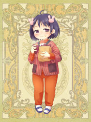 1girl black_hair blush eating food food_on_face full_body magamoto pants pocket psychic_hearts red_pants red_shirt sandals shirt short_hair smile socks solo striped_clothes striped_shirt sweet_potato white_socks yellow_background