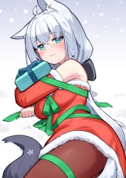 1girl ahoge animal_ears blue_eyes blush box breasts brown_pantyhose christmas commentary_request deaver detached_sleeves dress fox_ears fox_girl fox_tail fur-trimmed_dress fur-trimmed_sleeves fur_trim gift gift_box green_ribbon highres holding holding_gift hololive long_hair looking_at_viewer lying medium_breasts on_side pantyhose ribbon santa_costume santa_dress shirakami_fubuki snow solo tail virtual_youtuber white_hair