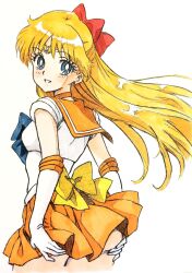 1girl :d absurdres aino_minako back_bow bishoujo_senshi_sailor_moon blonde_hair blue_eyes bow choker commentary_request earrings elbow_gloves from_behind gloves grabbing_own_ass hair_bow happy highres i4teruz jewelry long_hair looking_at_viewer looking_back magical_girl miniskirt open_mouth orange_choker orange_sailor_collar orange_skirt pleated_skirt red_bow sailor_collar sailor_senshi_uniform sailor_venus simple_background sketch skirt smile solo white_background white_gloves yellow_bow