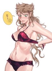 Rule 34 | 1girl, adjusting bra, adjusting clothes, blush, bra, breasts, brown hair, cleavage, crutch c, genderswap, genderswap (mtf), green eyes, highres, lace, lace-trimmed bra, lace-trimmed panties, lace trim, large breasts, long hair, marvel, navel, panties, red bra, red panties, simple background, solo, speech bubble, stomach, sweatdrop, translation request, underwear, very long hair, white background, wolverine (x-men), x-men