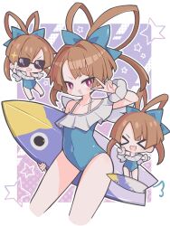 Rule 34 | &gt; &lt;, 1girl, :d, blue bow, blue one-piece swimsuit, blunt bangs, blush, border, bow, brown hair, chibi, closed eyes, collarbone, commentary, covered navel, cropped legs, disgaea, disgaea d2, fang, hair bow, hair rings, hand up, highres, holding, holding surfboard, long hair, looking at viewer, one-piece swimsuit, open mouth, outline, outside border, parted bangs, pink eyes, purple background, sicily (disgaea), skin fang, smile, suaman, sunglasses, surfboard, swimsuit, v, white border, white outline, xd