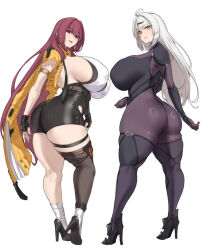 2girls alternate_breast_size_(larger) ass aster_crowley asymmetrical_gloves black_gloves black_unitard bodysuit breasts cosplay costume_switch fate/grand_order fate_(series) fingerless_gloves full_body gloves grey_hair hair_ornament high-waist_shorts high_heels highres huge_breasts jacket long_hair looking_at_viewer multiple_girls purple_bodysuit purple_hair red_eyes scathach_(fate) shorts sideboob uneven_gloves white_background yellow_eyes yellow_jacket yin_yang_pin yixuan_(zenless_zone_zero) zenless_zone_zero