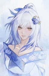 1girl alternate_costume alternate_eye_color bare_shoulders blue_flower blue_hair blue_hanfu breasts chinese_clothes collarbone eyelashes flower hair_between_eyes hair_flower hair_ornament hanfu heziqun high_ponytail highres honkai:_star_rail honkai_(series) jingliu_(honkai:_star_rail) light_smile long_hair looking_at_viewer lotus_print medium_breasts ponytail simple_background sumi_(suumiko_) two-tone_hanfu white_hair white_hanfu yellow_eyes