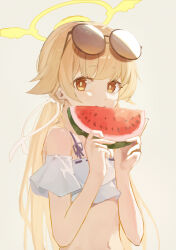 1girl absurdres bikini blonde_hair blue_archive commentary_request eating eyewear_on_head food fruit grey_background haimaotuanzi halo hifumi_(blue_archive) hifumi_(swimsuit)_(blue_archive) highres holding holding_food holding_fruit holding_watermelon long_hair looking_at_viewer low_twintails official_alternate_costume round_eyewear simple_background solo swimsuit twintails watermelon white_bikini yellow_eyes yellow_halo