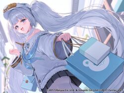 Rule 34 | 1girl, azur lane, bag, bare shoulders, black skirt, blue bag, dmitri donskoi (azur lane), fang, floating hair, from behind, highres, holding, holding bag, iruka3, long hair, long sleeves, looking at viewer, off shoulder, official art, open mouth, outdoors, pantyhose, shopping bag, skirt, smile, solo, twintails, very long hair, white bag, white pantyhose, wide sleeves, world of warships