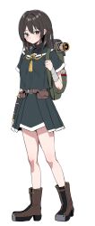 1girl absurdres backpack bag bandaged_arm bandages black_hair black_sailor_collar black_serafuku black_shirt black_skirt blue_eyes blush boots brown_boots closed_mouth full_body hair_between_eyes hand_up highres light_smile looking_at_viewer original piripun pleated_skirt sailor_collar school_uniform serafuku shirt simple_background skirt solo white_background