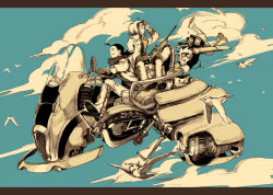 Rule 34 | 1girl, 2boys, aqua background, bad id, bad pixiv id, bird, goggles, hover bike, jimu kaji, kajimiya (kaji), letterboxed, machine, monochrome, multiple boys, original, science fiction, sky, sword, weapon, yellow theme