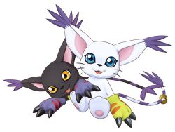 3d blacktailmon blue_eyes claws creature digimon digimon_(creature) digimon_story:_cyber_sleuth fang game_model gloves green_gloves happy holy_ring no_humans official_art open_mouth print_gloves purple_gloves simple_background tailmon white_background yellow_eyes