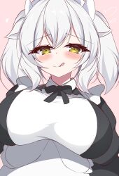 1girl :q absurdres animal_ears apron arms_under_breasts black_bow black_bowtie black_dress blush bow bowtie breasts cow_ears cow_girl cow_horns dress duel_monster fullsaber2 hair_between_eyes heart highres horns huge_breasts large_breasts licking_lips long_sleeves looking_at_viewer maid maid_apron maid_headdress milltina_(vrchat) pink_background simple_background smile solo tongue tongue_out twintails upper_body vrchat white_apron white_hair white_horns yellow_eyes