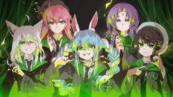 5girls :d ahoge alternate_eye_color animal_ear_fluff animal_ears beret black_hair blue_hair braid commentary_request crescent dark_background facial_mark forehead_mark fox_ears fox_girl green_eyes green_theme grin half-closed_eyes harry_potter_(series) hat highres hogwarts_legacy hololive hololive_indonesia long_hair looking_at_viewer moona_hoshinova multicolored_hair multiple_girls necktie oozora_subaru open_mouth pink_eyes purple_hair rabbit_ears rabbit_girl robe sakura_miko shirakami_fubuki siyouko slytherin smile twin_braids two-tone_hair usada_pekora virtual_youtuber wand white_hair wizarding_world
