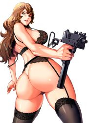 1girl 2024 ass ass_focus black_bra black_garter_belt black_thighhighs bottomless bra breasts brown_eyes brown_hair cleavage contrapposto finger_on_trigger foreshortening garter_belt grin gun hashtag-only_commentary highres itachou lace lace_bra lace_garter_belt lace_panties large_breasts lipstick long_hair looking_at_viewer looking_back looking_down lupin_iii mac-10/11 makeup mine_fujiko panties parted_lips pink_lips shiny_skin sideboob smile solo strap_slip submachine_gun tareme thighhighs underwear underwear_only weapon