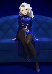 Rule 34 | 1girl, asymmetrical bangs, belt, black pantyhose, blue background, blue belt, blue dress, blue hairband, blue shoes, breasts, buttons, closed mouth, commentary, convenient leg, double-breasted, dress, english commentary, eyelashes, full body, grey hair, hairband, high heels, highres, indoors, knee up, legs, lips, long hair, long sleeves, margaret (persona), medium breasts, mikan zakuro, pantyhose, persona, persona 4, shoes, sitting, solo, toe cleavage, yellow eyes